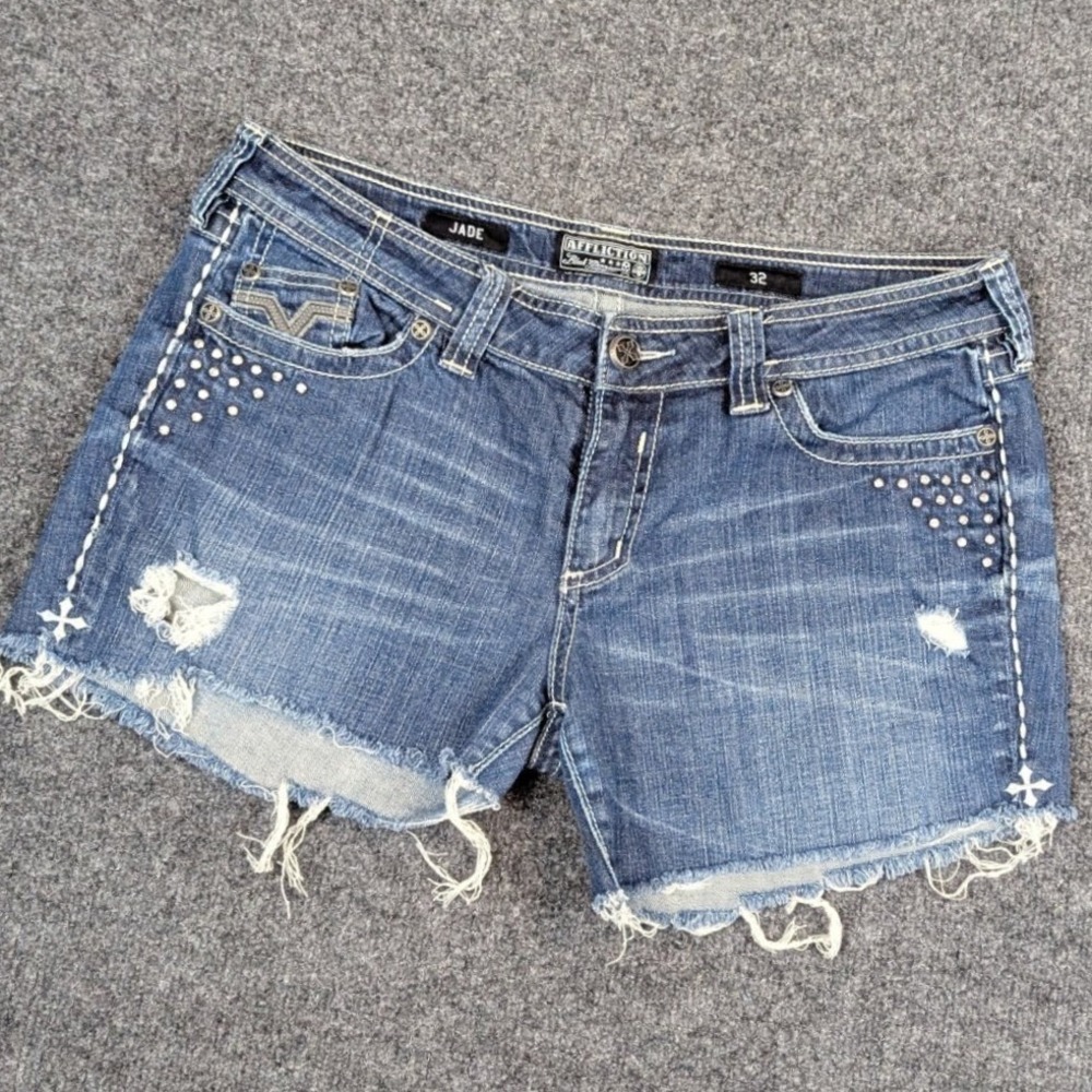 Custom Affliction Black Premium Jade Studded Distressed Denim Shorts Blue 32